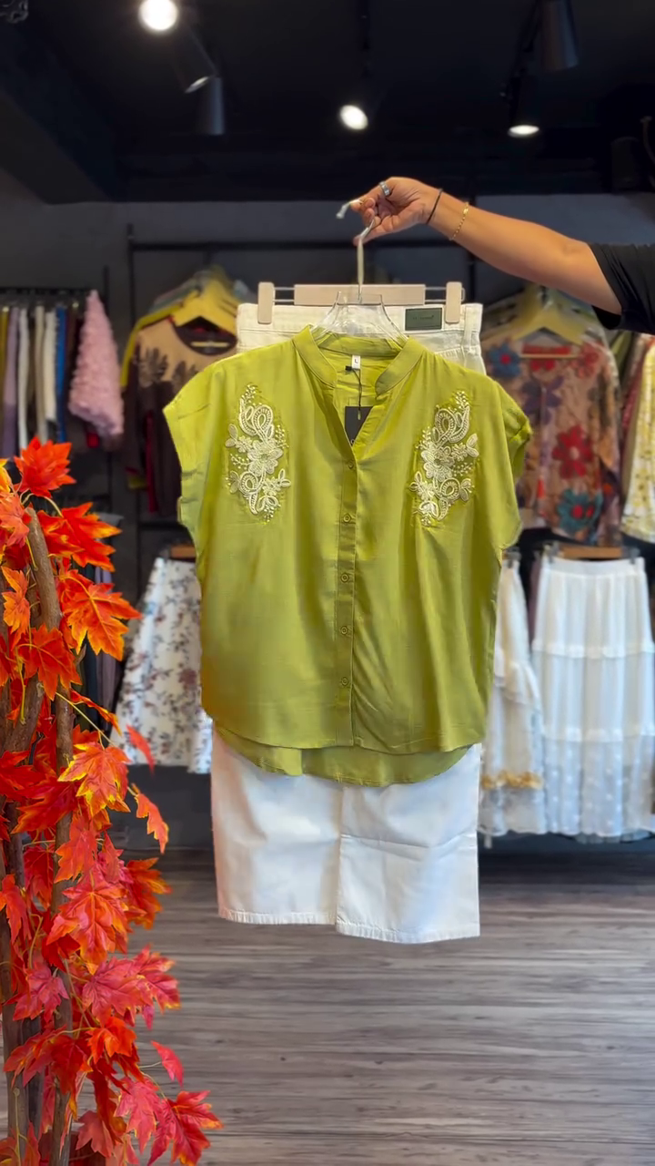 ๐ Olive Embroidered Short Kurti & White Cotton Shorts Set ๐ผ