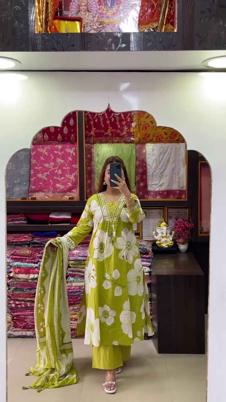 ๐Lime Blossom Mirror Work Kurta Set โ Floral Serenity with Festive Glow