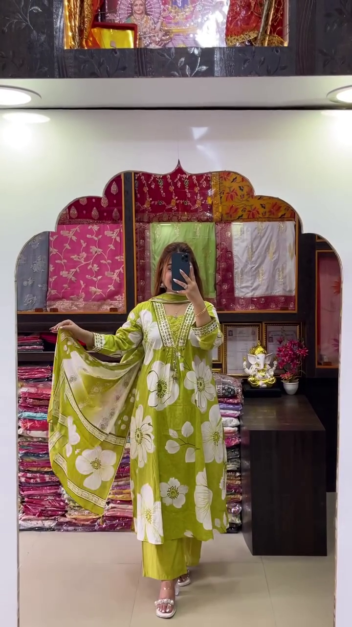 ๐Lime Blossom Mirror Work Kurta Set โ Floral Serenity with Festive Glow - Image 2