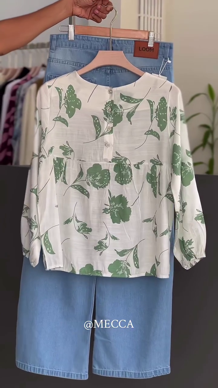 🌿“Sage Meadow Floral Top with Sky Blue Denim Elegance”