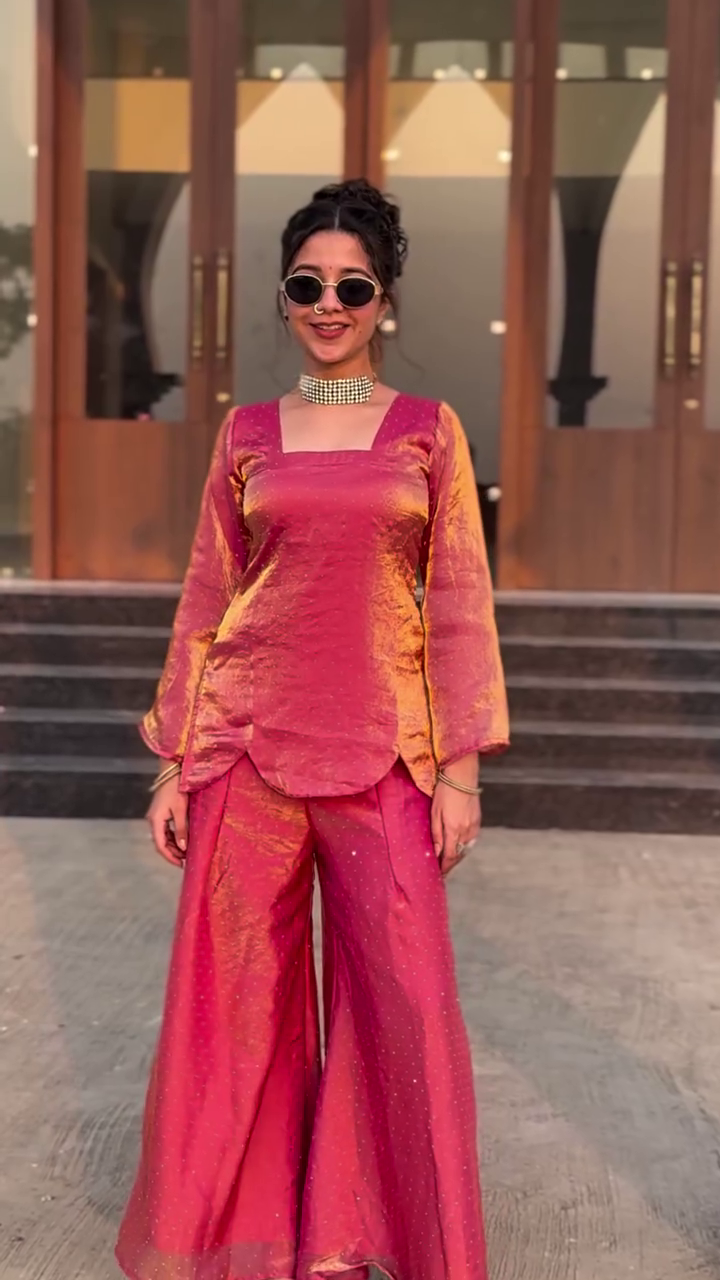 Luxurious Festive Metallic Magenta Flared Palazzo Suit Set