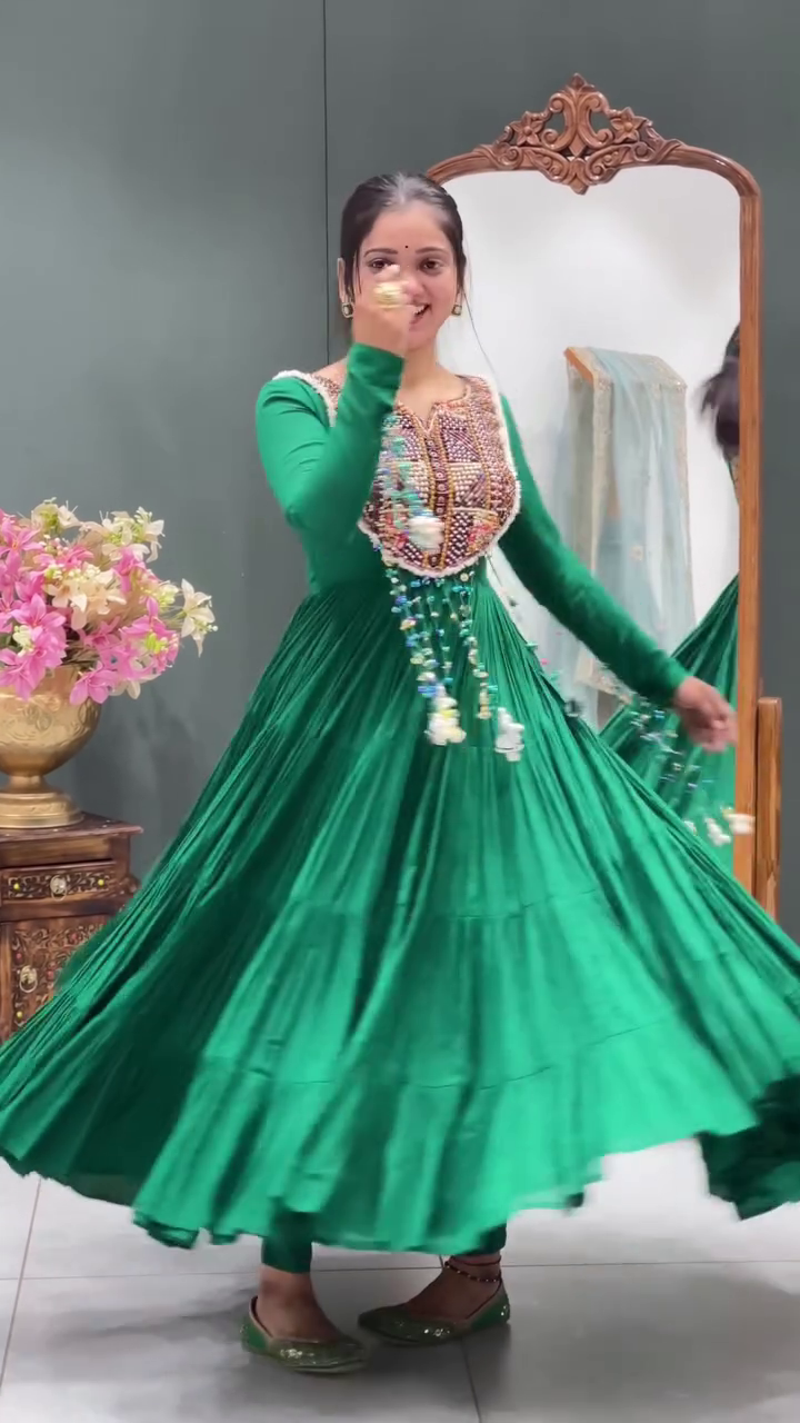 Emerald Green Traditional Gota Patti Anarkali Set with Ornate Multicolor Embroidery and Shell Tassel Accents - Image 4