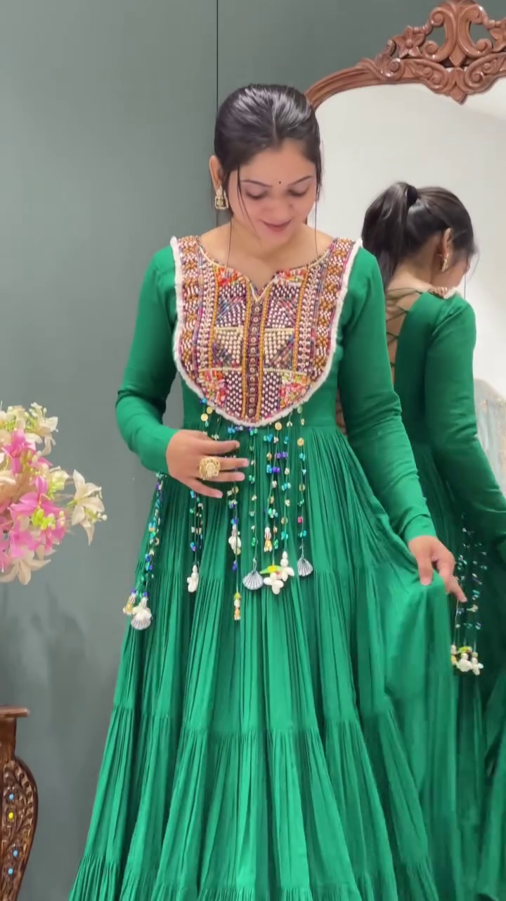 Emerald Green Traditional Gota Patti Anarkali Set with Ornate Multicolor Embroidery and Shell Tassel Accents