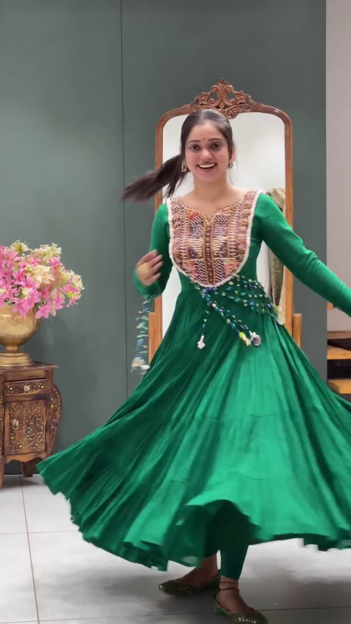 Emerald Green Traditional Gota Patti Anarkali Set with Ornate Multicolor Embroidery and Shell Tassel Accents - Image 2