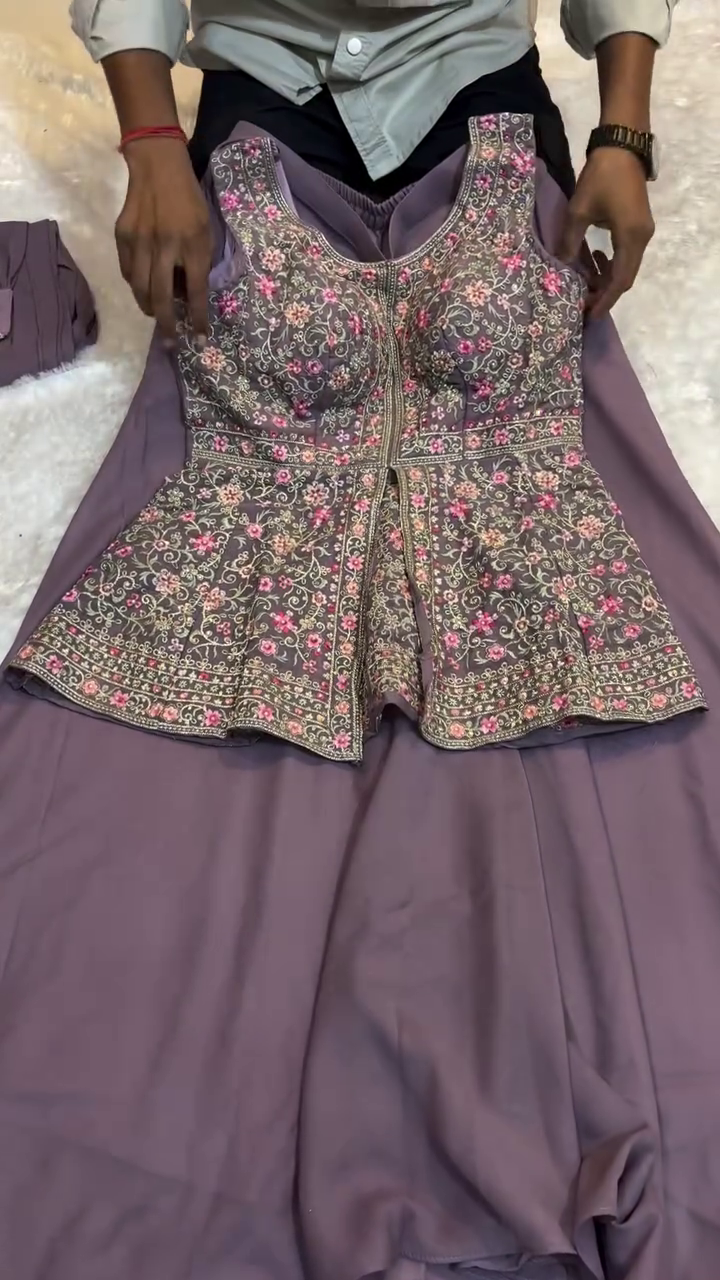 Lavender Mauve Heavy Embroidered Peplum Kurti and Skirt Set with Fine Zari and Sequin Floral Work - Image 2