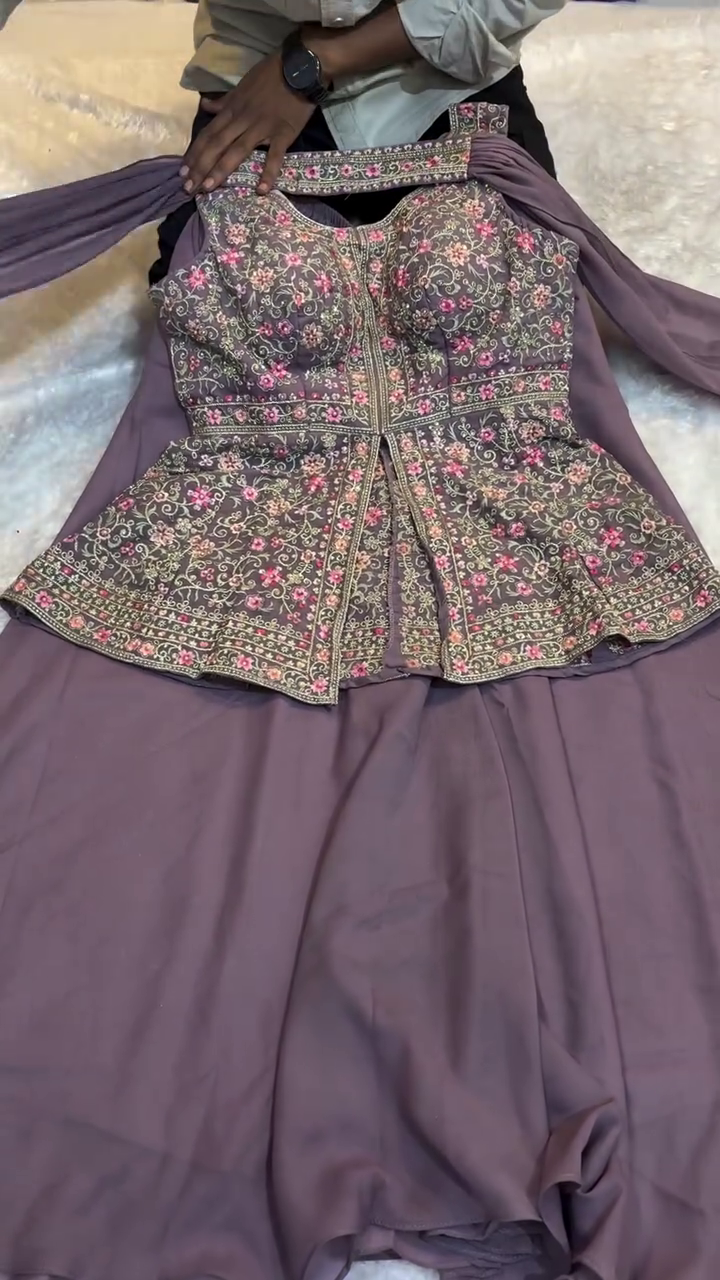 Lavender Mauve Heavy Embroidered Peplum Kurti and Skirt Set with Fine Zari and Sequin Floral Work