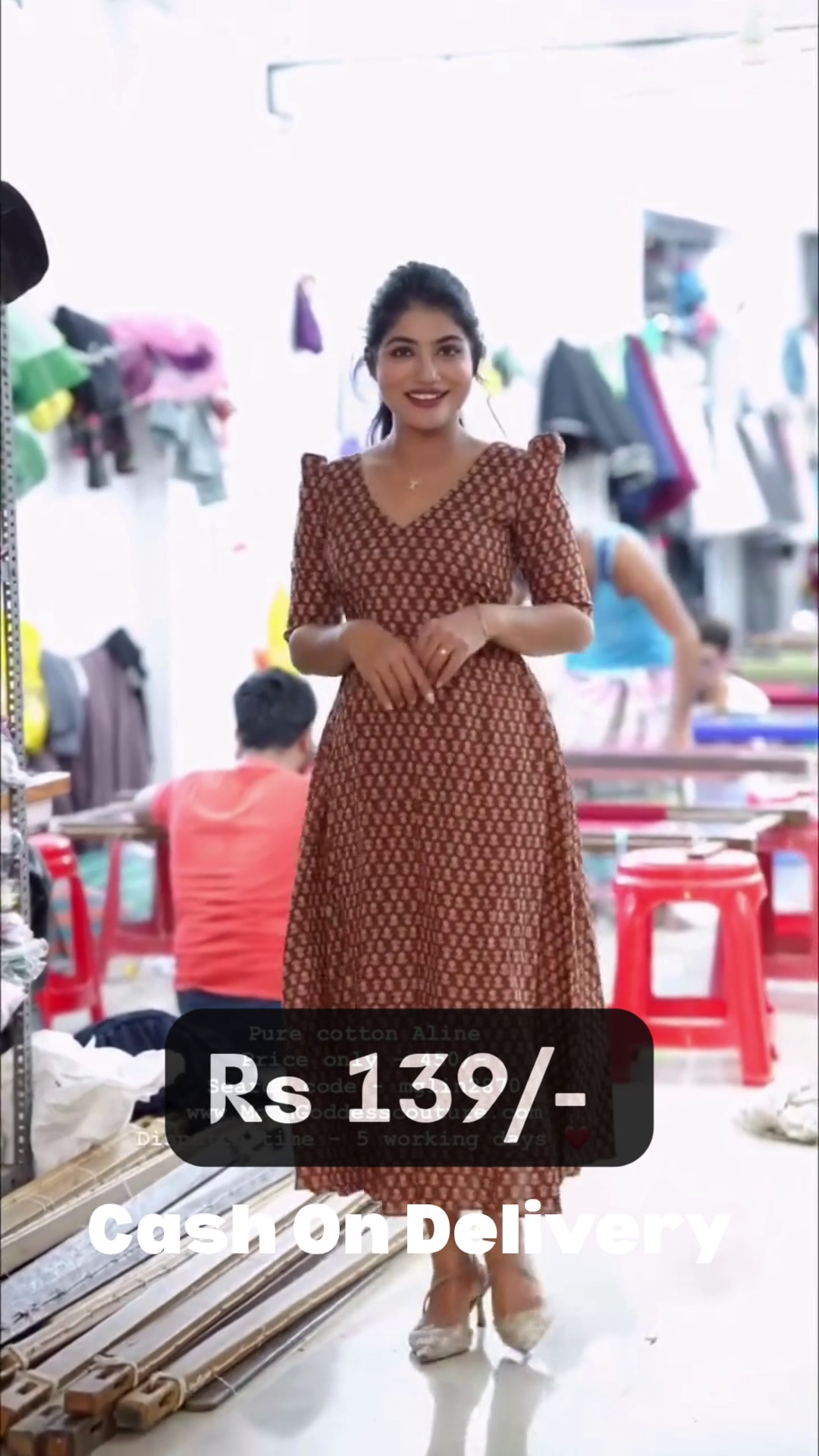 Elegant Pure Cotton A-Line Printed Red Dress with Vintage Floral Pattern - Image 4