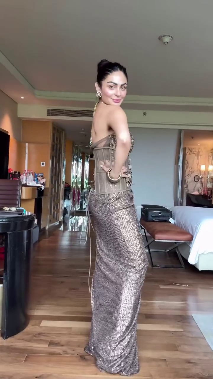 Bronze Gold Strapless Sequined Drape Gown with Illusion Net Corset and 3D Floral Embellishments - Image 2