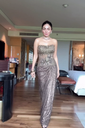 Bronze Gold Strapless Sequined Drape Gown with Illusion Net Corset and 3D Floral Embellishments