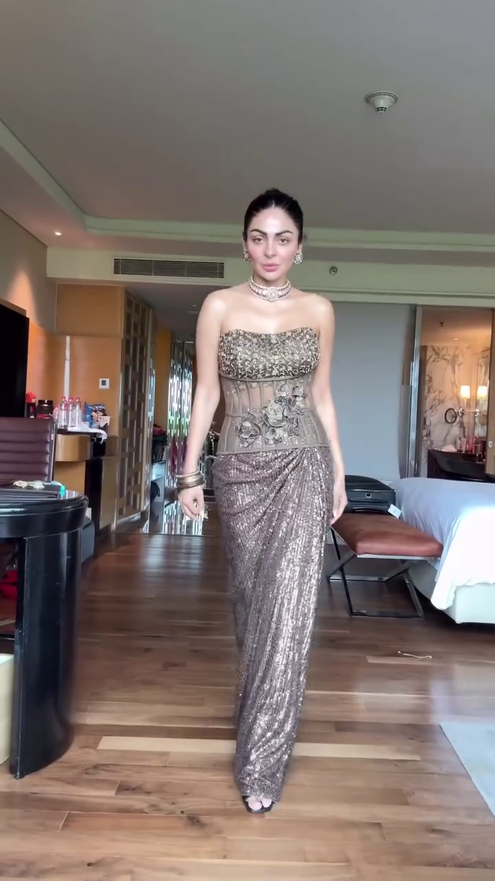 Bronze Gold Strapless Sequined Drape Gown with Illusion Net Corset and 3D Floral Embellishments