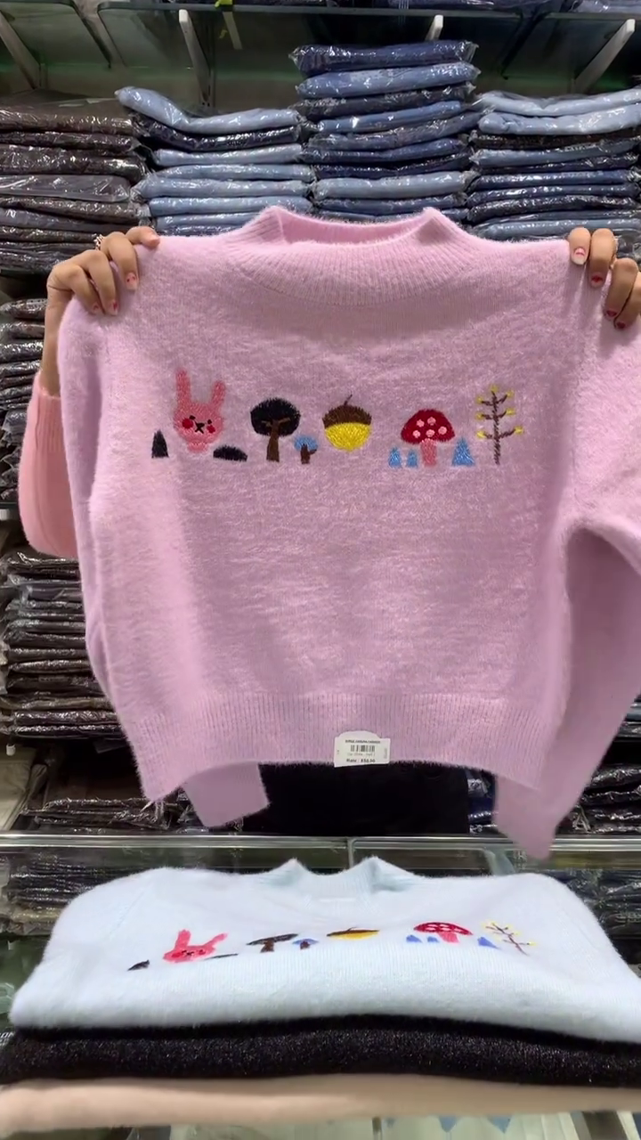 Soft Fuzzy Pink Sweater with Embroidered Animal & Nature Motifs