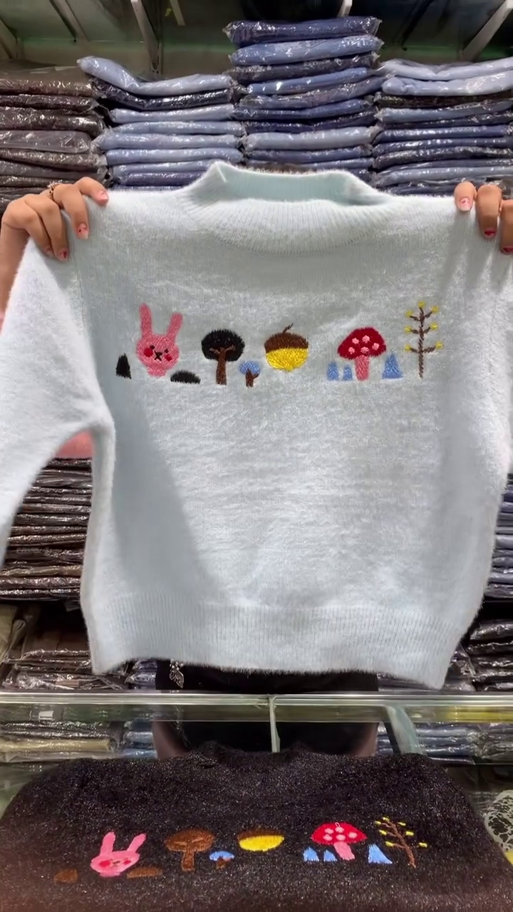 Soft Fuzzy Pink Sweater with Embroidered Animal & Nature Motifs - Image 2