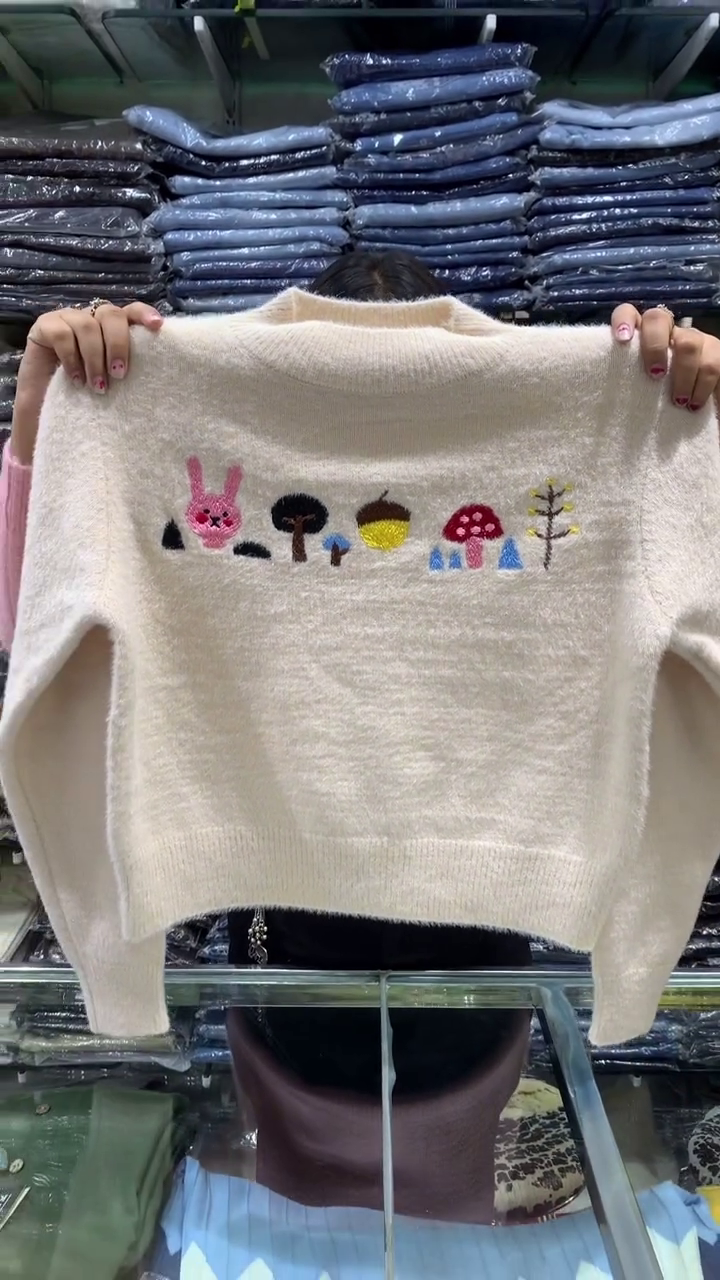 Soft Fuzzy Pink Sweater with Embroidered Animal & Nature Motifs - Image 3