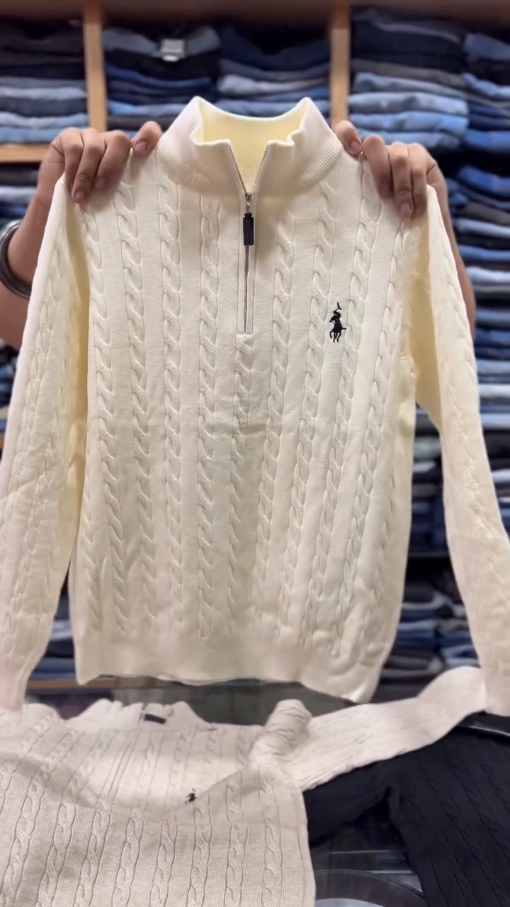 🤍Ultra-Soft Cream Cable-Knit High-Neck Sweater with Half Zipper – Versatile Regular Fit Pullover