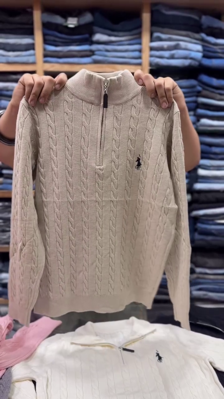 🤍Ultra-Soft Cream Cable-Knit High-Neck Sweater with Half Zipper – Versatile Regular Fit Pullover - Image 4