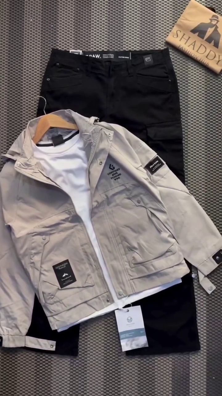 🤍🖤All-Weather Adventure Grey Hooded Utility Jacket with Secure Flap Pockets, Paired Black Tapered Pants & Crisp White T-Shirt – Everyday Smart Casual Combo - Image 2