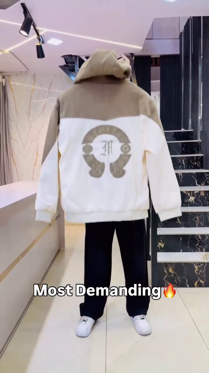 🤎Dual-Tone Taupe and White Varsity Zip-Up Hooded Sweatshirt with Sporty Stripe Sleeves – Cozy Casual Edition - Image 4