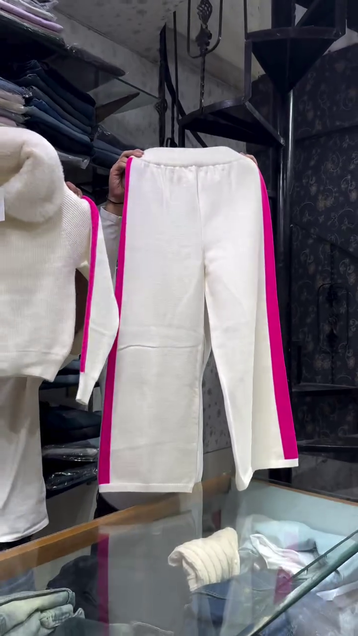 ๐ "Contemporary Pure White Fleece Tracksuit Set with Vibrant Neon Pink Racing Stripes and Fluffy Oversized Collar for Sleek Comfort Lovers" ๐ - Image 2