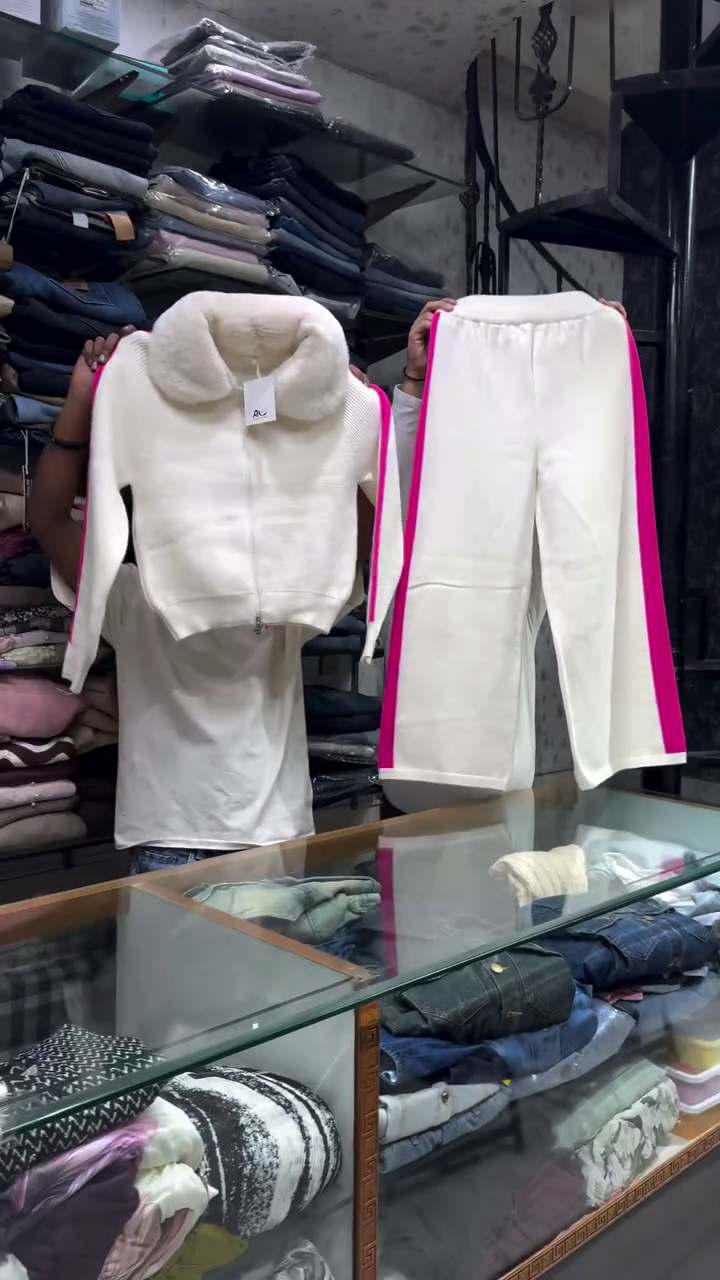 ๐ "Contemporary Pure White Fleece Tracksuit Set with Vibrant Neon Pink Racing Stripes and Fluffy Oversized Collar for Sleek Comfort Lovers" ๐ - Image 3