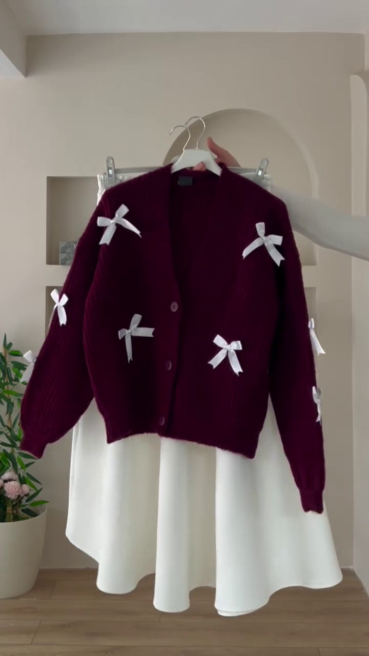 π "Classic Romantic Ribbed Pearl Off-White Cardigan Embellished with Vintage Brown Bows for Lovers of Soft Feminine Dreamy Outfits" πβ - Image 5