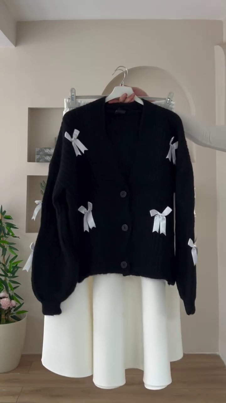 π "Classic Romantic Ribbed Pearl Off-White Cardigan Embellished with Vintage Brown Bows for Lovers of Soft Feminine Dreamy Outfits" πβ - Image 2