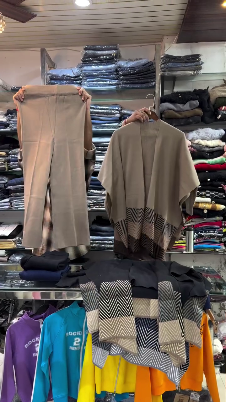 π "Urban Elegance Taupe Chevron Knit Sophisticated Co-ord Set with Draped Cape Cardigan and Sleek Pants for Effortless Day-to-Night Style" πβ