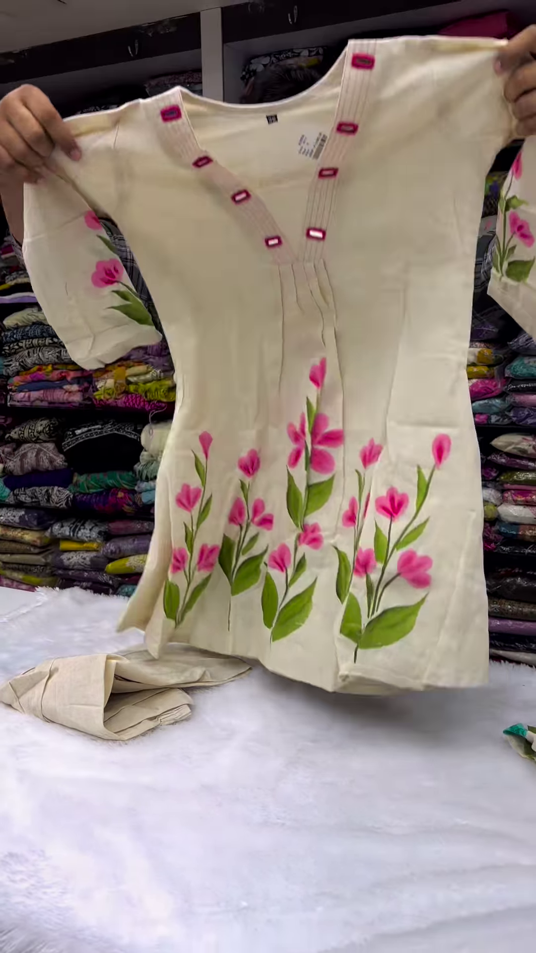 Elegant Off-White Kurti – Hand-Painted Floral Charm - Image 2