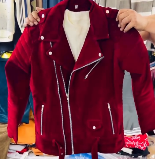 π₯ Crimson Edge Velvet Biker Jacket β Luxury Statement Outerwear π₯