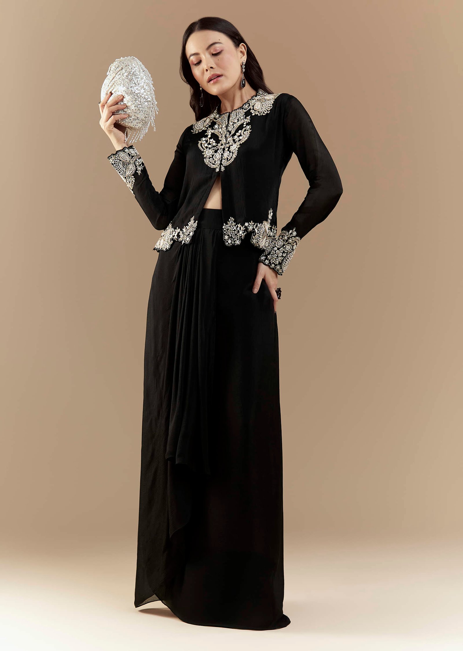 Midnight Royale Embroidered Jacket Drape Set