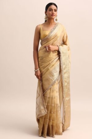 Champagne Gold Silk Saree with Zari Woven Border and Frill Detailing ✨🥂