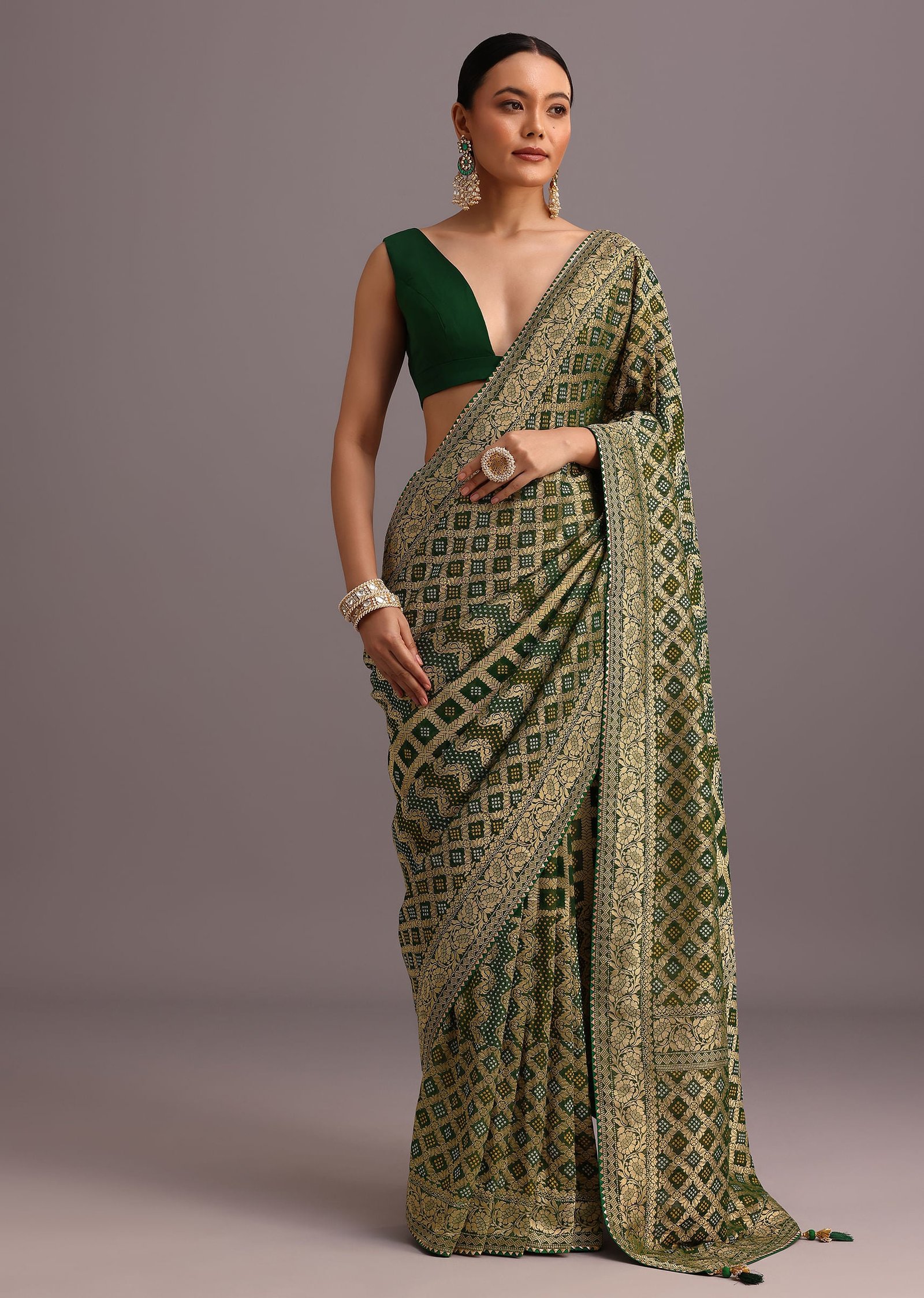 Emerald Green Khaddi Georgette Bandhani Saree with Heavy Zari Border 💚