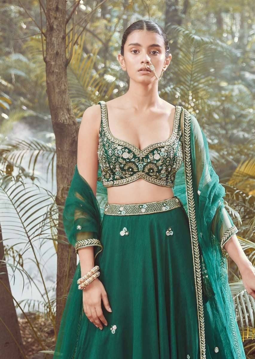 Pine Green Raw Silk Mughal Motif Lehenga