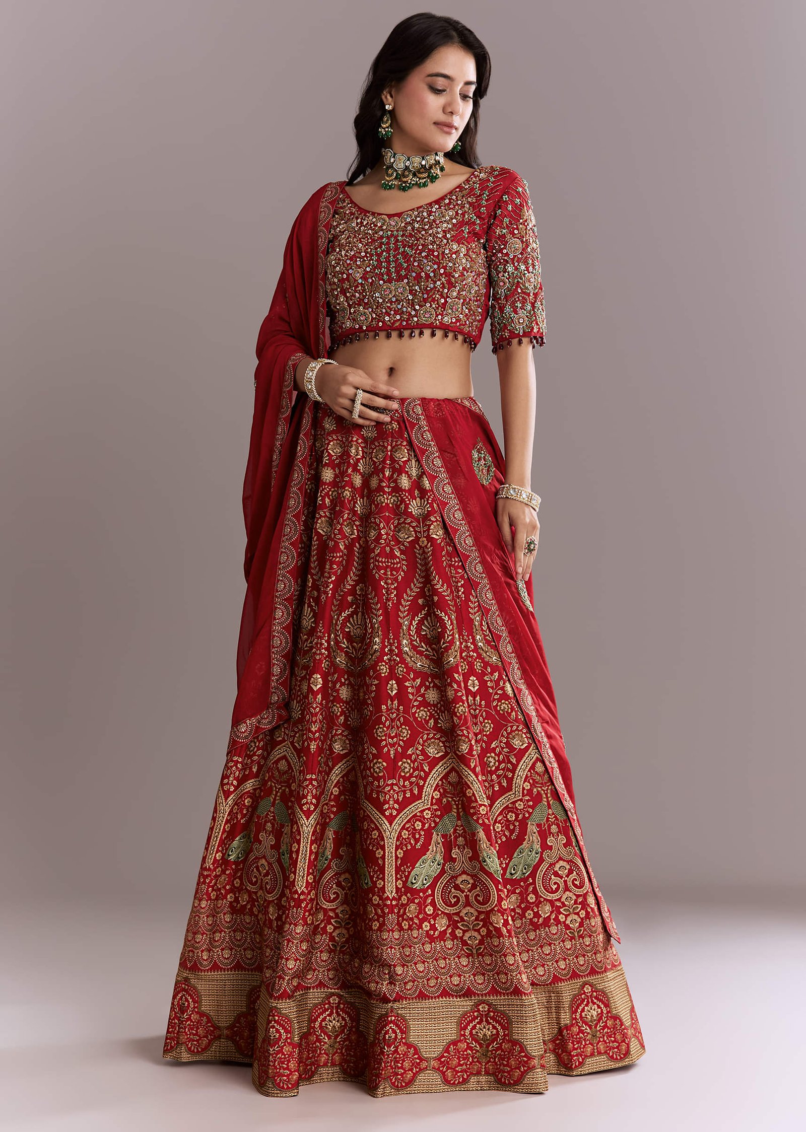 Red Silk Printed Bridal‑Feel Lehenga