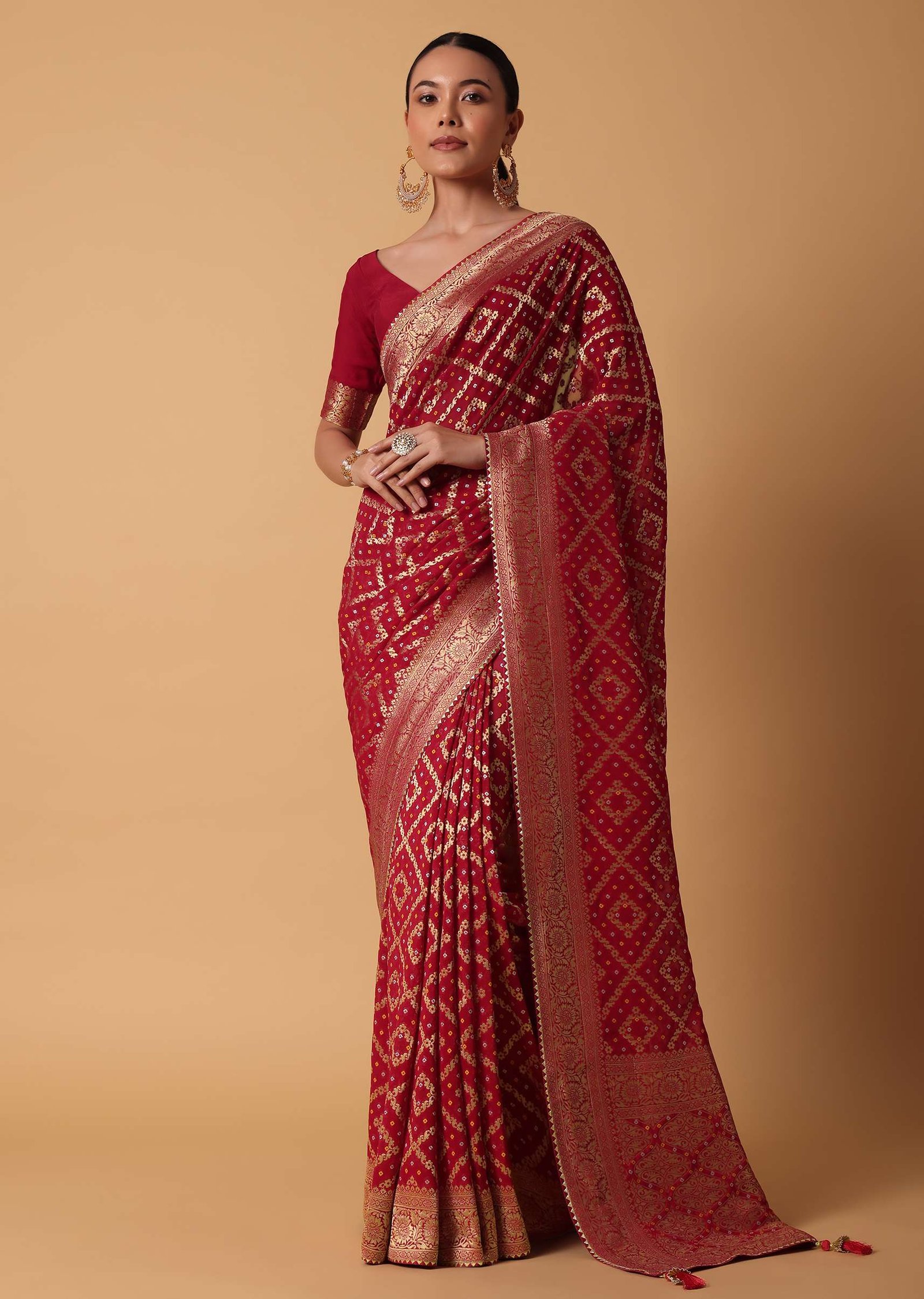 Deep Red Banarasi Georgette Saree with Gold Bandhani Weave & Traditional Border ❤️