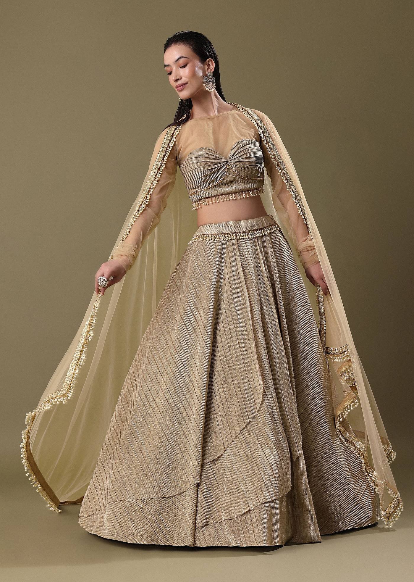 Champagne Gold Metallic Lehenga with Sheer Cape