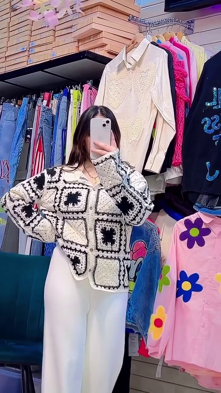 Black & White Crochet Patchwork Button Cardigan with Wide‑Leg Knit Pants 🖤🤍 - Image 3