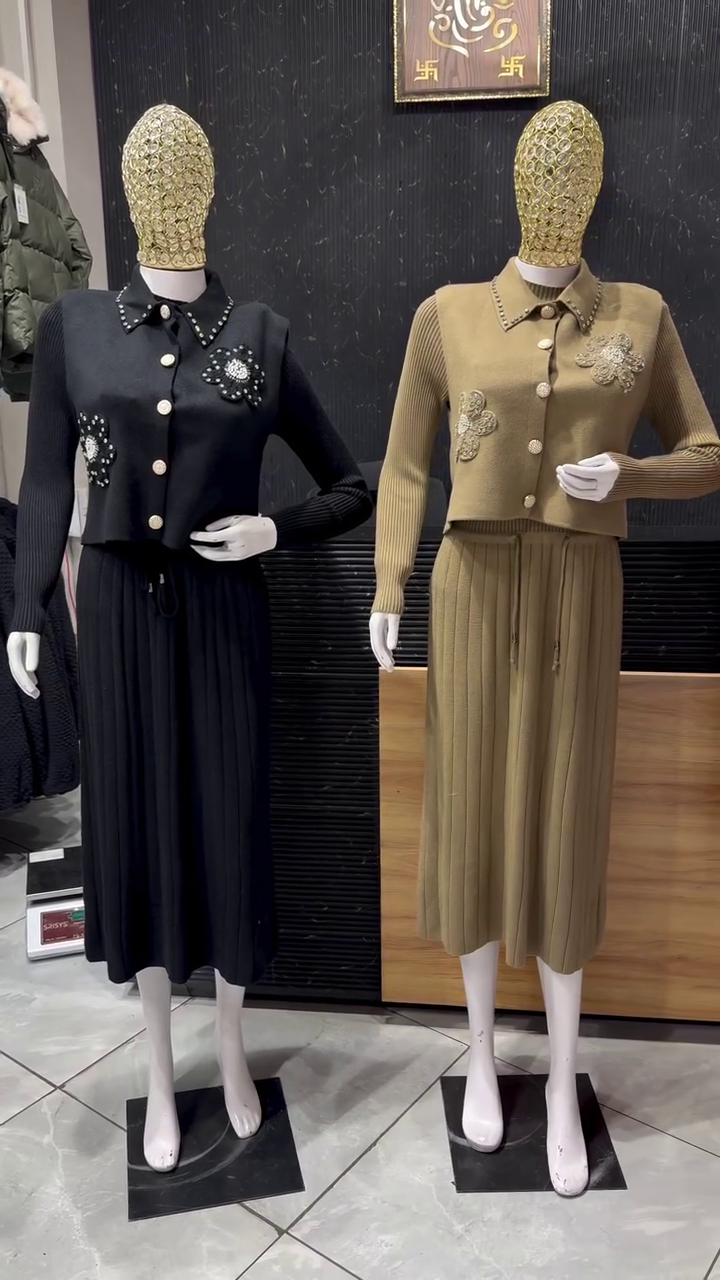 Golden Beige Embellished Knit Co‑ord with Pearl Collar and Pleated Skirt Set 💛✨ - Image 3