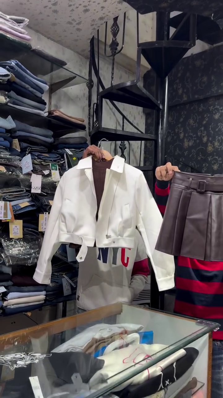 White Cropped Jacket with Brown Knit Inner and Pleated Faux Leather Mini Skirt Set 🤎🤍 - Image 3