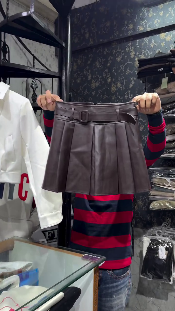 White Cropped Jacket with Brown Knit Inner and Pleated Faux Leather Mini Skirt Set 🤎🤍 - Image 2