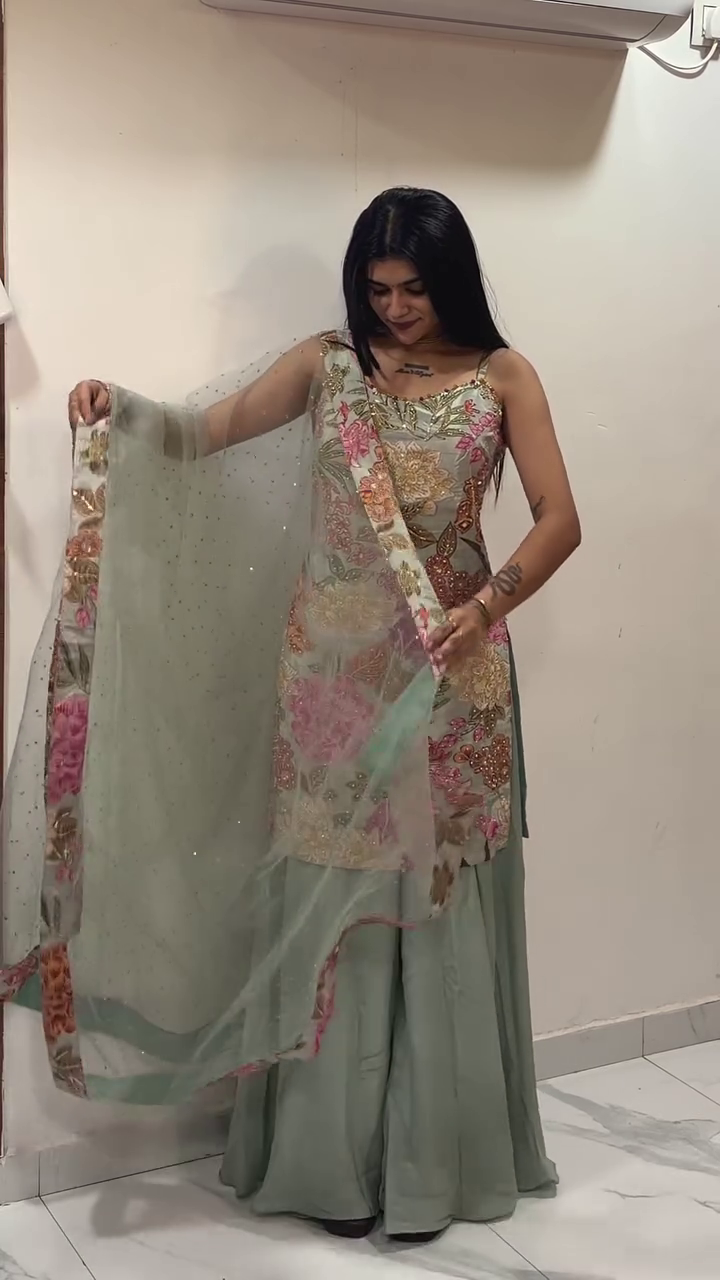 ๐ฟ Mint Blossom Embroidered Sharara Suit ๐ฟ - Image 2