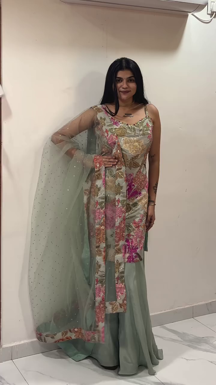 ๐ฟ Mint Blossom Embroidered Sharara Suit ๐ฟ - Image 3