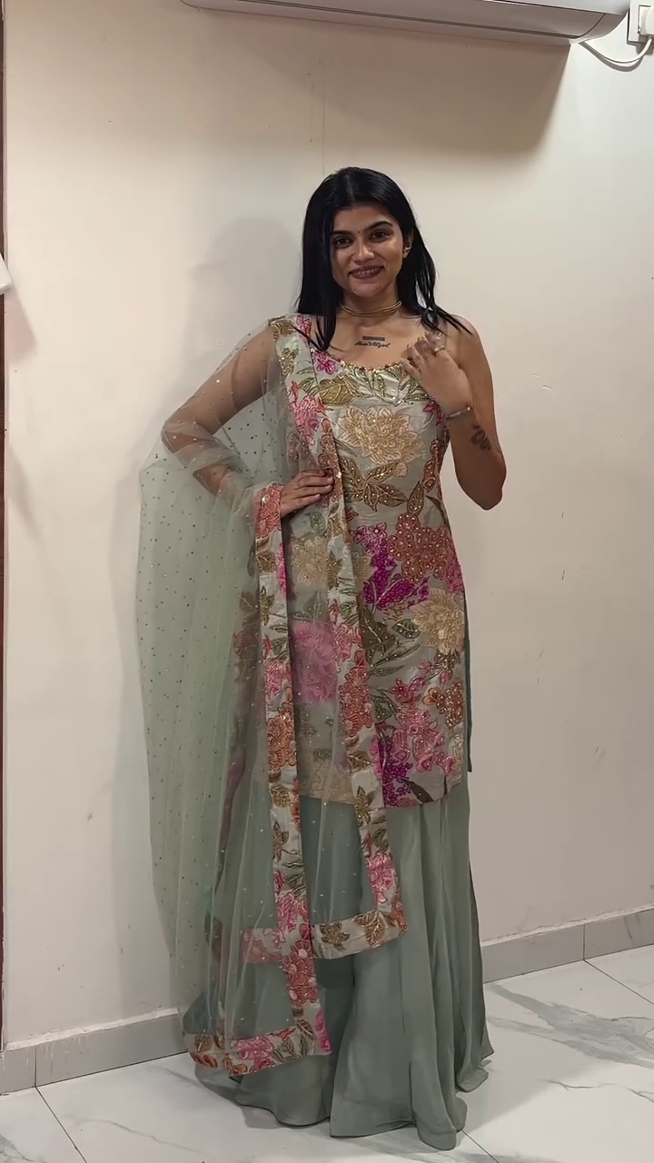 ๐ฟ Mint Blossom Embroidered Sharara Suit ๐ฟ