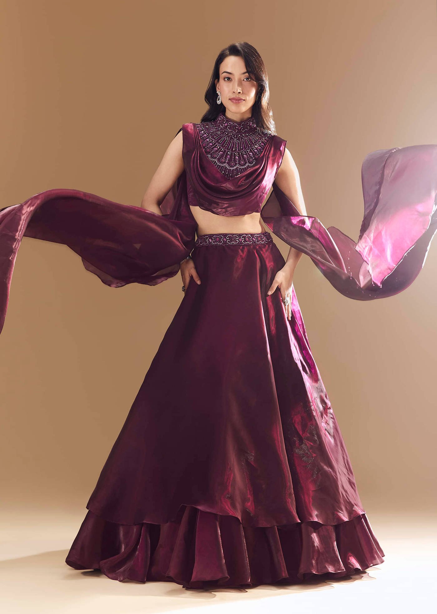 Regal Wine Organza Bridesmaid Lehenga Set🍷