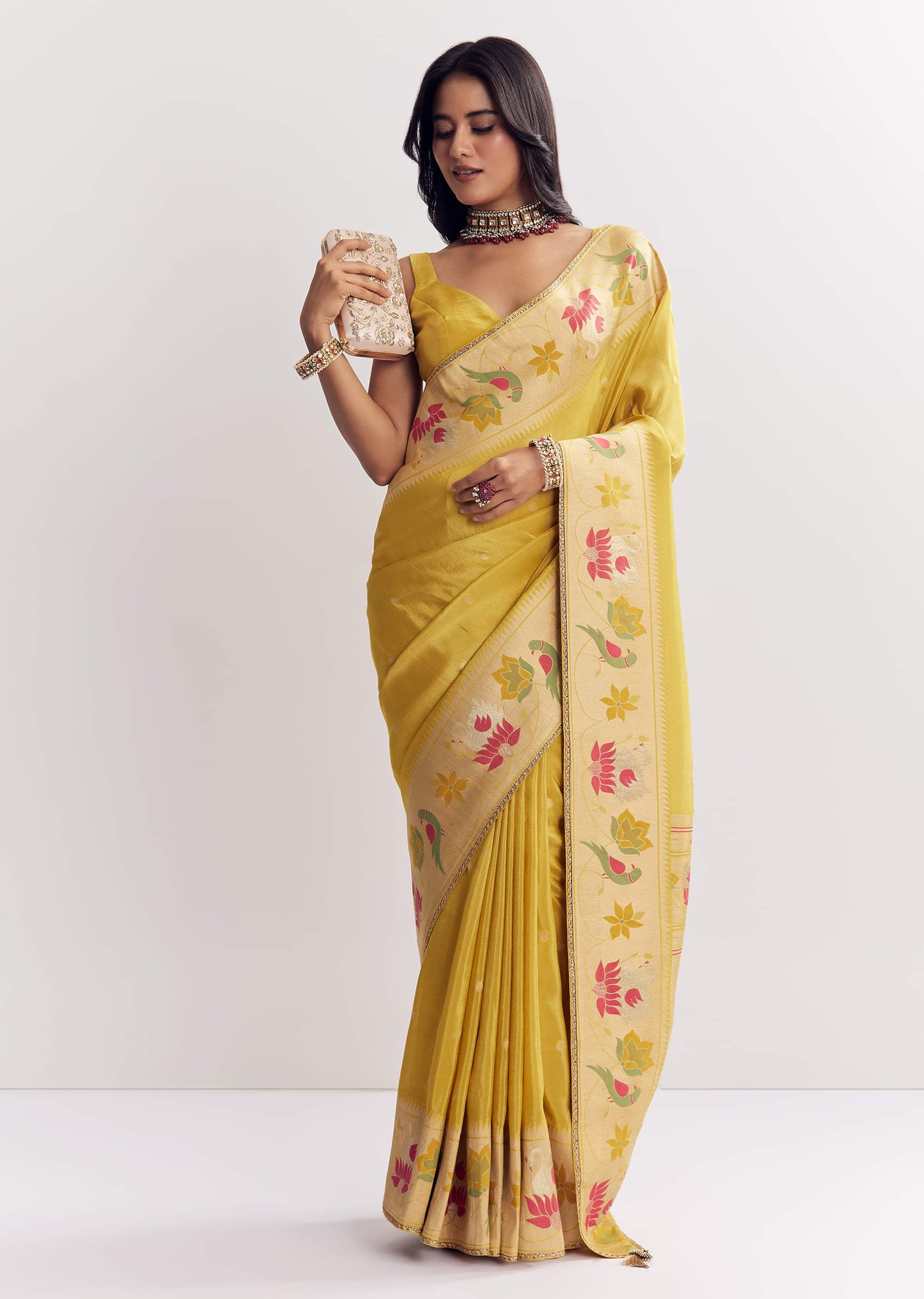 Yellow Dola Silk Paithani Saree with Dollar Butti & Multicolor Pallu Motifs 🌼