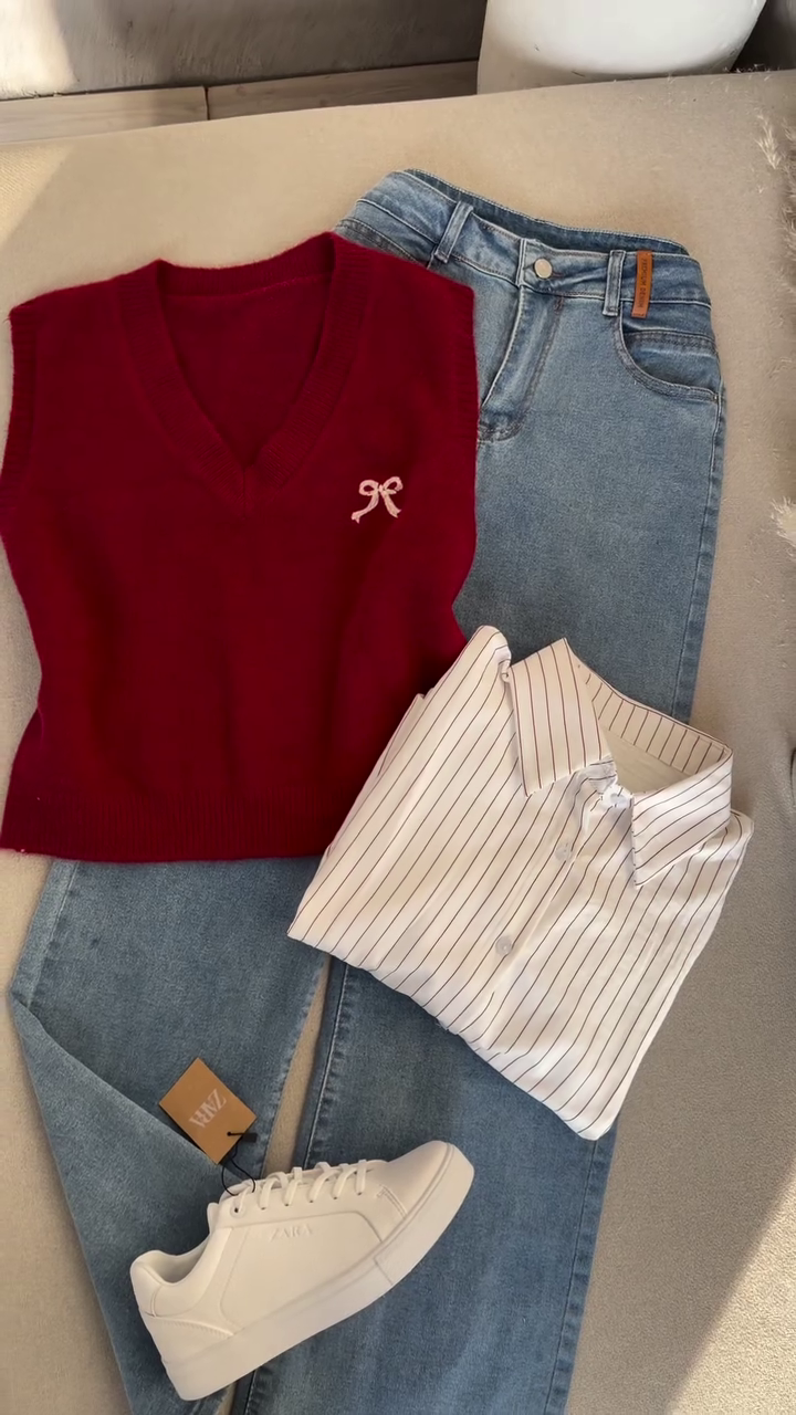 ๐โจ Classic Preppy Outfit Set โ Knit Vest + Striped Shirt + Denim Jeans ๐ค๐