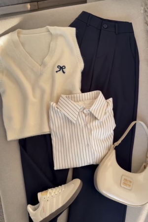 π€β¨ Elegant Preppy Co-Ord Outfit Set β Knit Vest + Striped Shirt + Wide-Leg Trousers πΌπ
