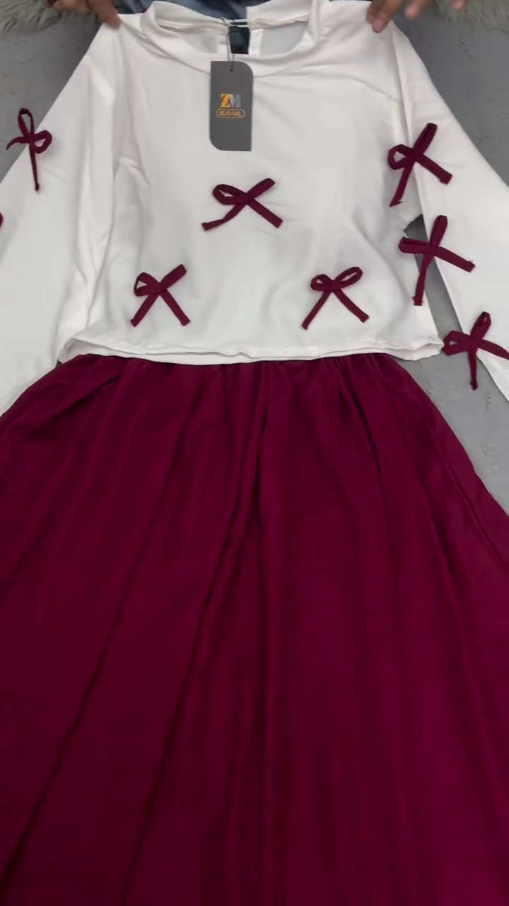 🎀❤️ Bow Bliss Co-Ord Set – White Ribbon Top + Maroon Flowy Skirt ✨👗 - Image 5