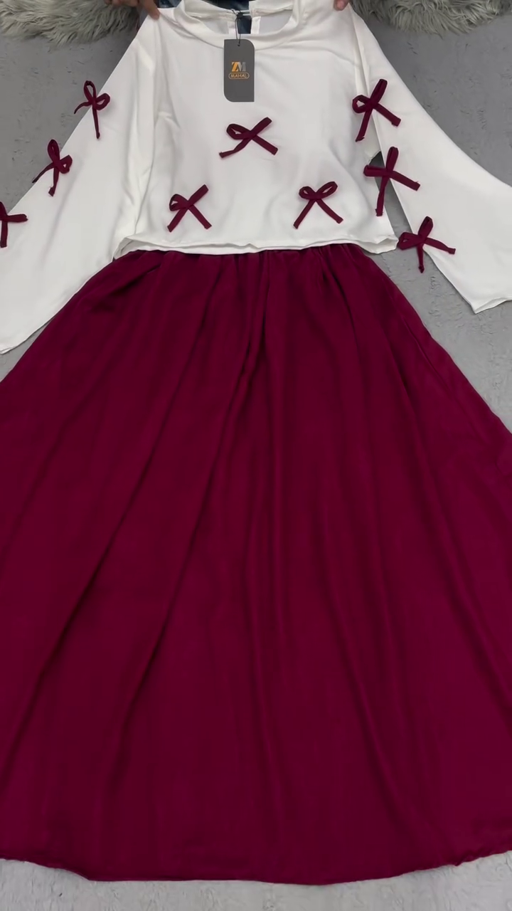 🎀❤️ Bow Bliss Co-Ord Set – White Ribbon Top + Maroon Flowy Skirt ✨👗