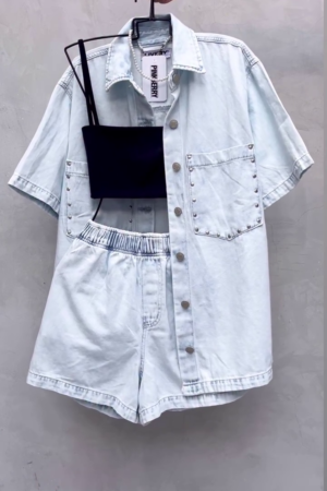 πβ¨ Ice Blue Denim Co-Ord Set β Oversized Shirt + Shorts (3-Piece Look) ππ©΅
