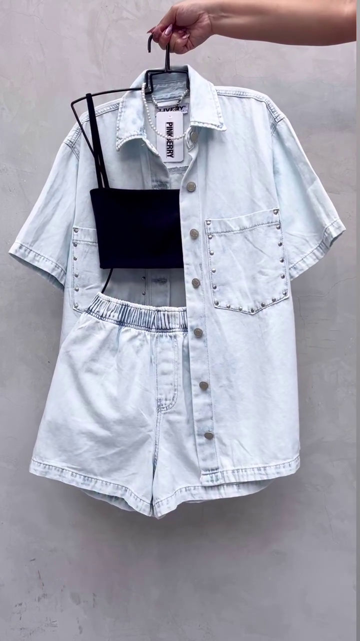 💙✨ Ice Blue Denim Co-Ord Set – Oversized Shirt + Shorts (3-Piece Look) 👖🩵